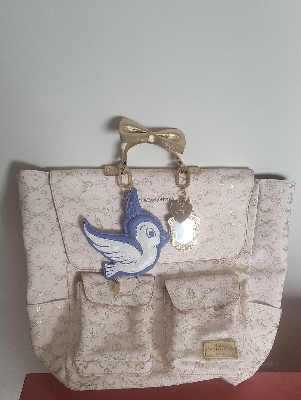 Bath & Body Works Cream Tote with Blue Bird Charm and Gold Bow